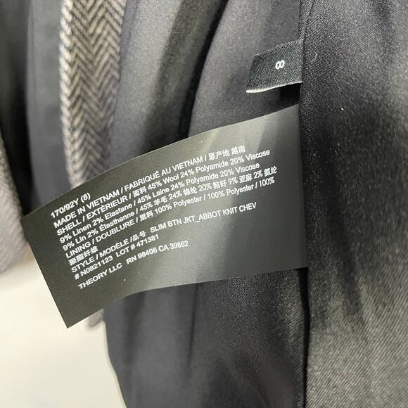 Theory Black Gray Slim Button Jacket Abbot Knit Chevron Herringbone Stretch 8 - Picture 16 of 16